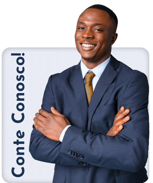 Imagem de um homem com os braços cruzados ao seu lado escrito 'conte conosco'.